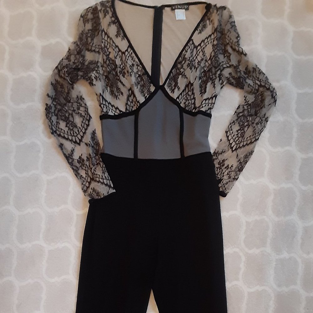 VENUS Black and Gray Lace Jumpsuit